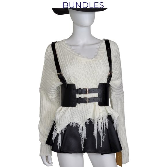 Leather Vintage Style Suspender Belt, Distressed Sweater, and Peplum Skirt - Picture 1 of 8